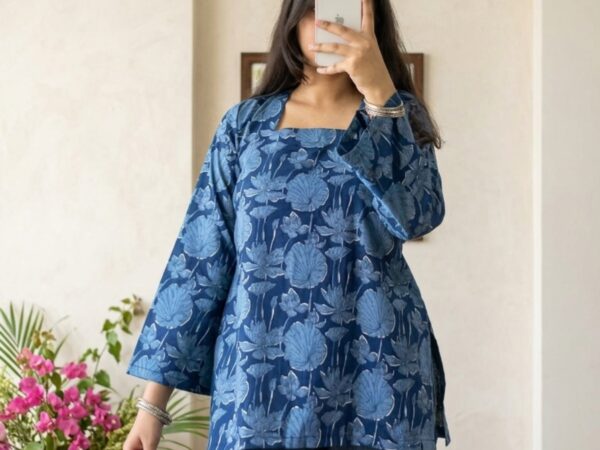 Vaanika: Indigo Floral Square-Neck Kurti