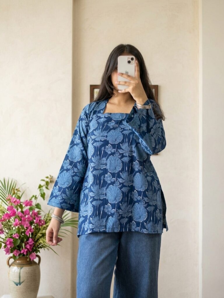 Vaanika: Indigo Floral Square-Neck Kurti